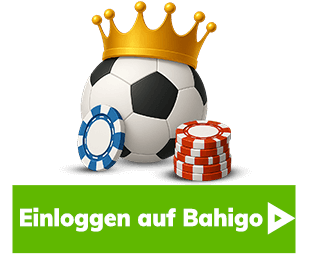 Fussball mit goldener Krone und Jetons auf grünem Anmeldebutton für Bahigo