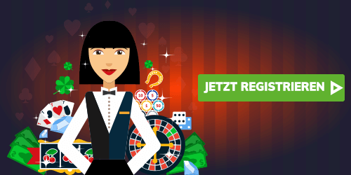 Casino Szene mit Dealerin Spielkarten Roulette Würfeln und Slot Symbolen